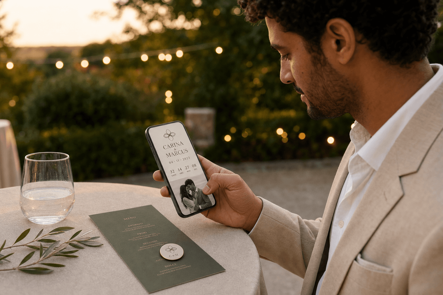 Convidado acessando o convite de casamento no celular junto a um botton Memmoria personalizado sobre a mesa